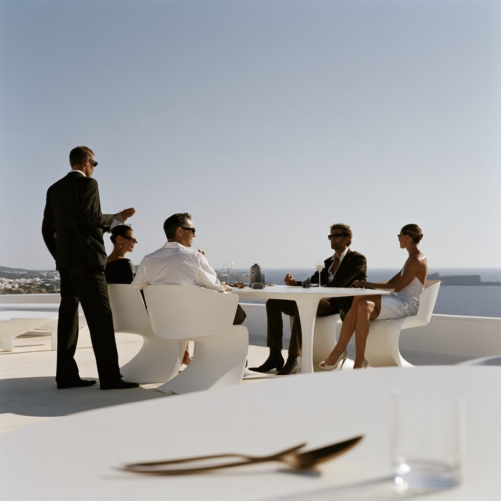 Beach club terrace with woven outdoor stools and low tables by ON HORECA