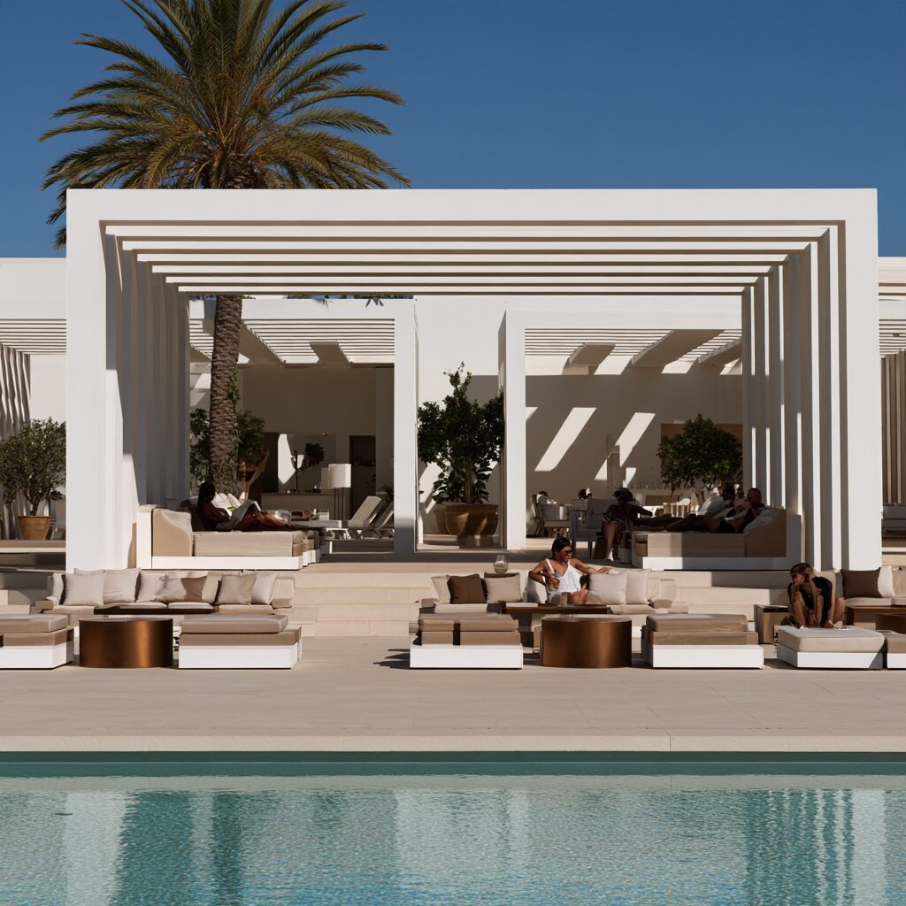 Commercial sunbeds and parasols on a poolside deck supplied by ON HORECA