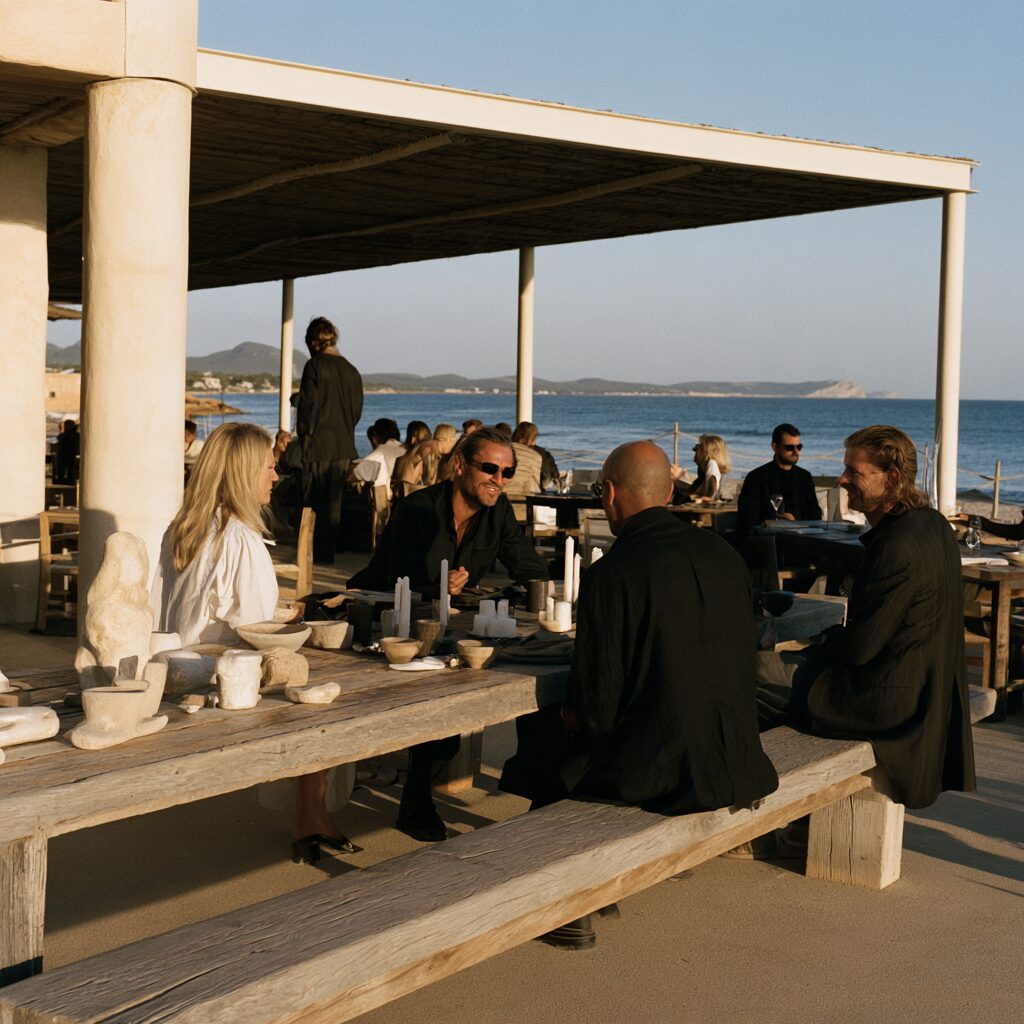 Covered restaurant terrace with benches and tables facing the sea, furnished by ON HORECA
