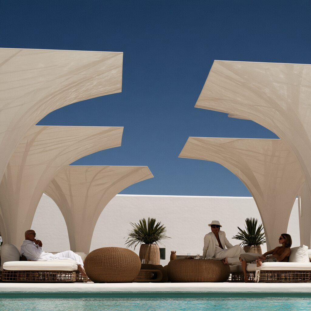Commercial patio furniture and folding chairs under a shade canopy by ON HORECA